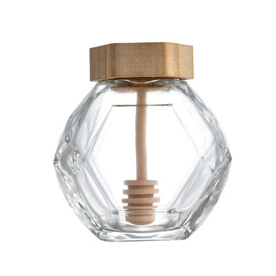 comprar Cubierta de Honey Hexagon Jar With Wooden del vidrio 380ML y barra de madera del chapoteo fabricación en línea