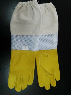 comprar Guantes amarillos de la zalea para la apicultura con la manga blanca ventilada blanco del paño de la muñeca fabricación en línea
